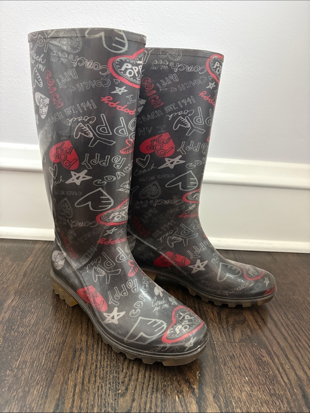 Coach Poppy Black Rain Boots with Red and Gray Graphic Accents